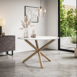 Davasher Round Dining Table Black Table Top w Solid Oak Legs