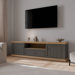 Pontypool Wide TV Unit with 2 Doors, Drawer & Open Shelf in Grey and Mauvella Oak