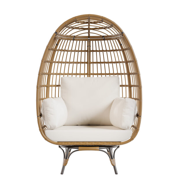 Oversized 360° Swivel Rattan Chair w/ Beige Cushion – Weatherproof PE Wicker, Steel Frame – for Patio, Garden & Indoor Use