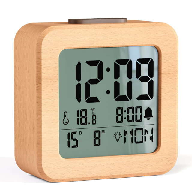 Wooden Digital Alarm Clock with Temp/Date Display, Backlight & Loud Alarm?3 AAA Battery Included?