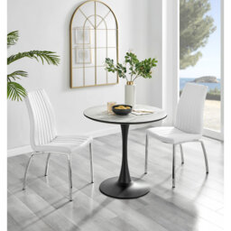 Ellis White Marble Effect Melamine Round Dining Table Set with 2 Soft Touch Faux Leather Chairs