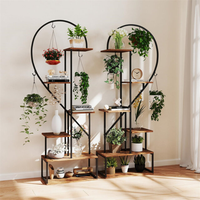 6 Tier Plant Stand, 2-Pack Heart Shape Ladder Plant Shelf With Hooks & Anti-Tipping Kit, Metal Frame Tall Flower Pot Display Rack For Home Living Room