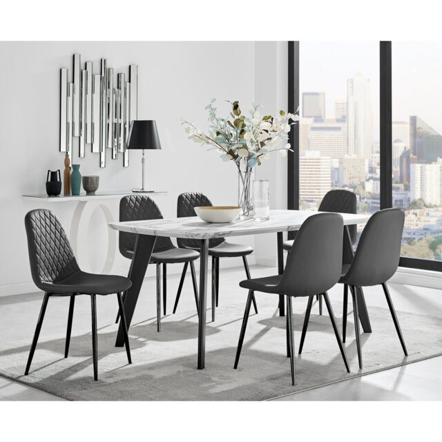 Anders Modern High Gloss Marble Effect Dining Table Set with 6 Luxury Faux Leather Dining Chairs