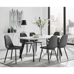 Anders Modern High Gloss Marble Effect Dining Table Set with 6 Luxury Faux Leather Dining Chairs
