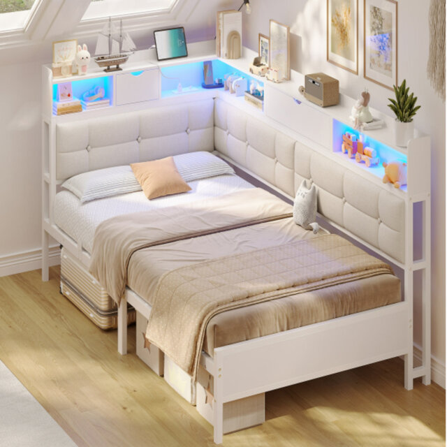 Storage Day Bed Linen Corner Bed with LED Light & Charging Station No Mattress
