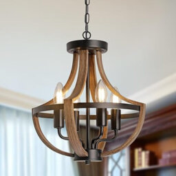Farmhouse Chandelier,Vintage 4-Light Hanging Pendant Light Height Adjustable,Rustic Metal Ceiling Light in Faux Wood Grain