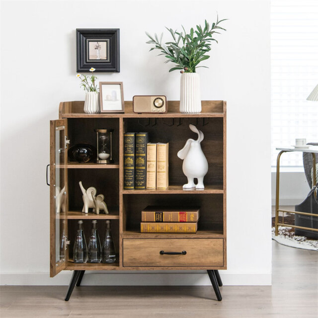 Wooden Wine Cabinet With Removable Wine Rack And Glass Holder