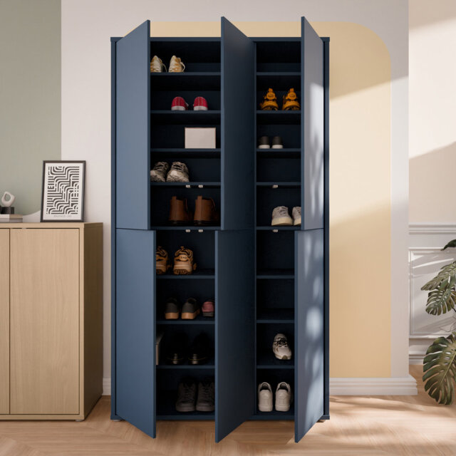 Modern minimalistic shoe cabinet with 6 doors, entryway cabinet, engineered wood, night blue, 109.2 cm W x 191.9 cm H x 34.9 cm D