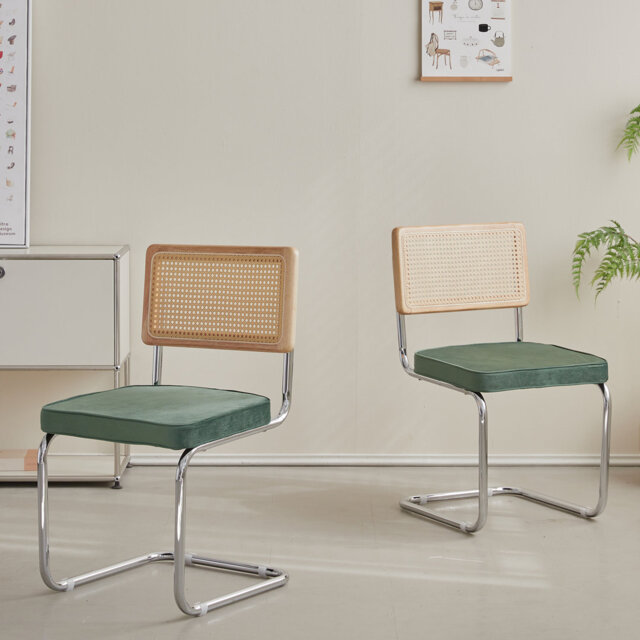 Chairs - Scandinavian Velvet Dining Chair - Rattan Back Chair - Metal Legs