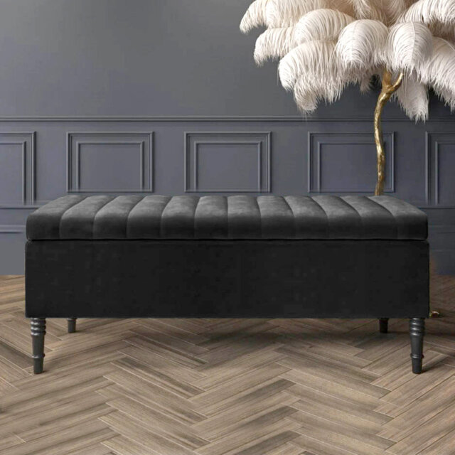 Paris Striped Ottoman Storage Bench - Upholstered Plush Velvet Shoes Bench with Black Turned Wooden Legs