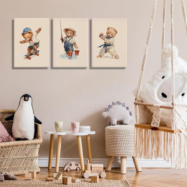 3 Pcs Nursery Teddy Bear Wall Art Kindergarten Boy Skateboard Karate Sports Wall Decor Poster Print Cute Funny Animal Painting Pictures For Kids Bedro