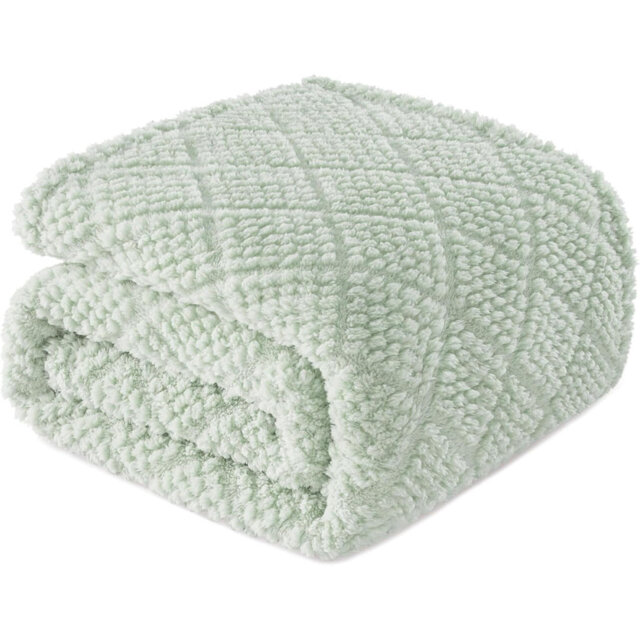 Fuzzy Fleece Throw Blanket For Sofa, Couch, Bed, 130X150 CM Soft Fluffy Jacquard Waffle Blankets For All Season, Lightweight And Warm, Sage Green