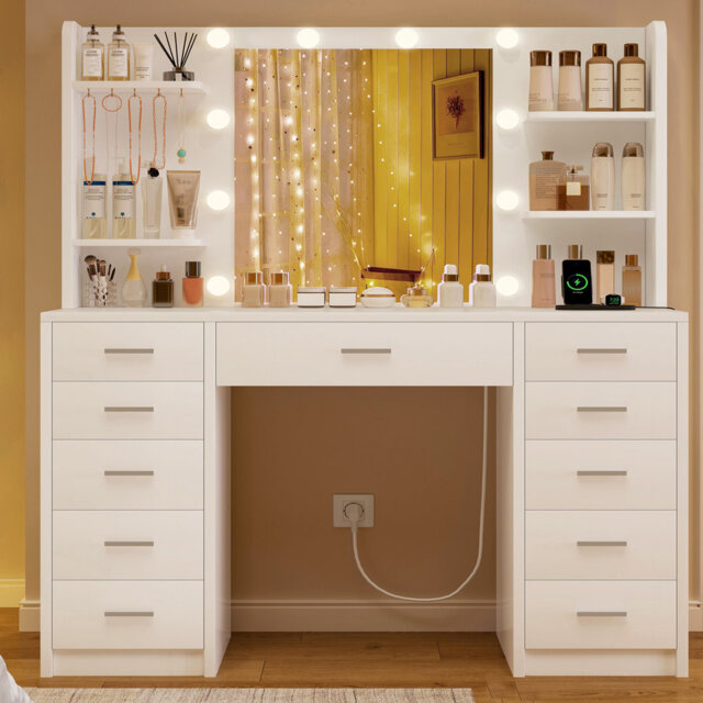 Large Dressing Table with LED Lighting and Sockets, Vanity Desk with Mirror, Drawers, Storage Shelves and Jewellery Hooks, Vanity for Bedroom, White