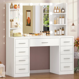 Large Dressing Table with LED Lighting and Sockets, Vanity Desk with Mirror, Drawers, Storage Shelves and Jewellery Hooks, Vanity for Bedroom, White