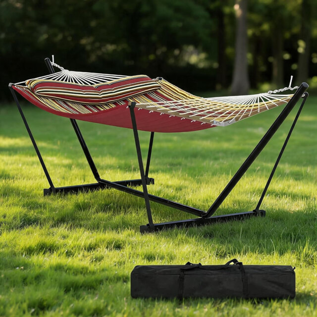 2-in-1 Quilted Poly Hammock with T-Steel Stand & V-Wood Frame – Portable Outdoor Swing Bed for Garden, Patio – white