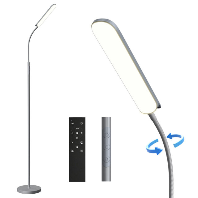 Dimmable LED Floor Lamp with Adjustable Gooseneck, Standing Reading Light with Remote Control