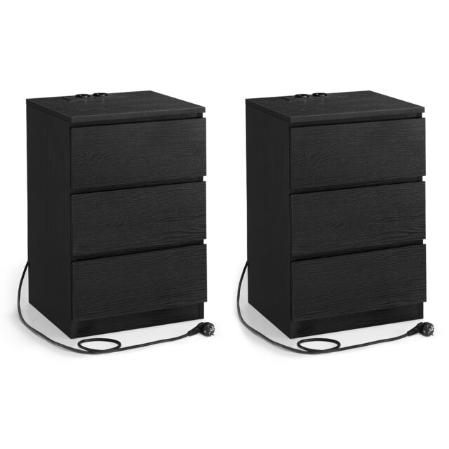 Nightstand, Set Of 2, Side Table, 3 Drawers, Beveled Edge, 2 AC Outlets