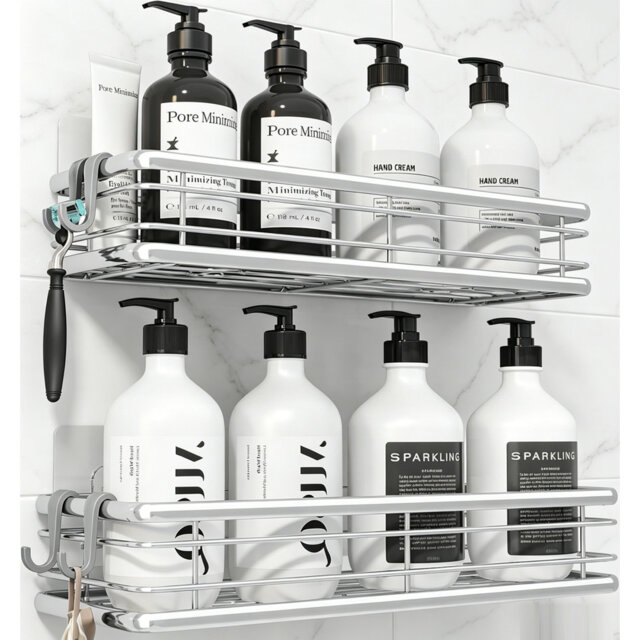2-Pack No-Drill Shower Caddy, Rustproof Adhesive Bathroom Shelf, 30cm Wide Space-Saving Storage