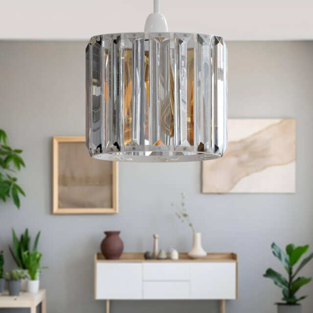 Crystal Lamp Shade â Modern Drum-Style Pendant or Table Lamp Shade with Clear Faceted Crystal Prisms, Modern Glam Lighting Accent for Living Room, B