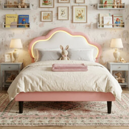 European Single (90X200cm) Children's Bed With LED Headboard, Upholstered Cloud Shaped Frame, Pink Faux Leather