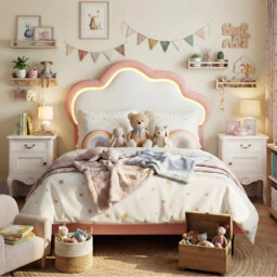 European Single (90X200cm) Children's Bed With LED Headboard, Upholstered Cloud Shaped Frame, Pink Faux Leather