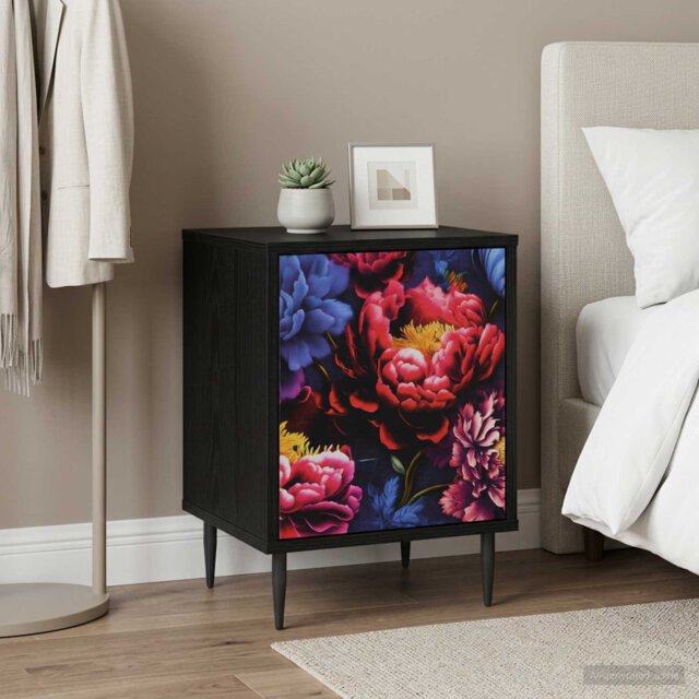 Bedside Cabinet Black Oak Engineered Wood Nightstand Bedroom Furniture