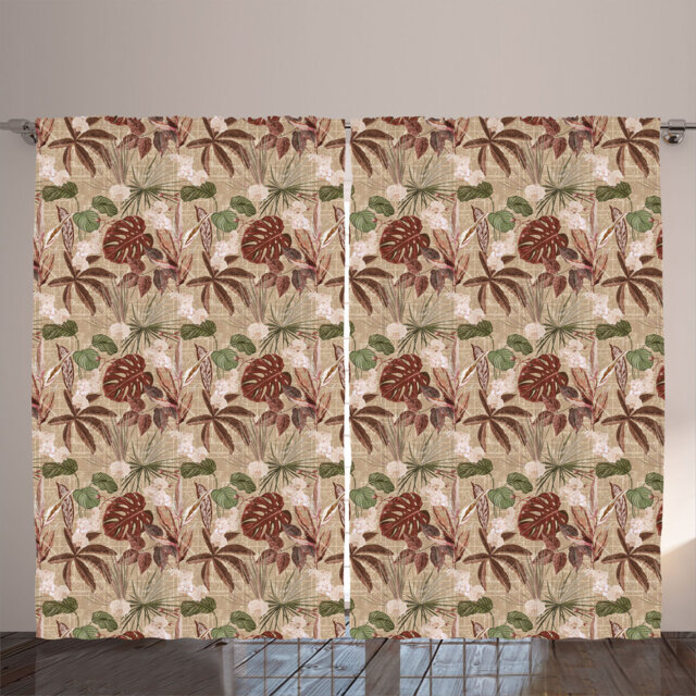 Rustic curtain, vintage grunge leaves, jungle boho, cocoa chestnut brown reseda green