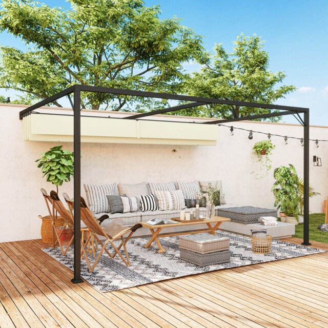4 X 3m Wall-mounted Metal Pergola With Sliding Retractable Canopy, Uv Resistant Fabric, Triangle Reinforced Corners, With Expansion Screws & Ground Na