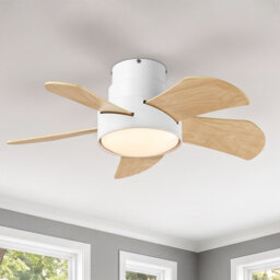 76cm Flush Mount Ceiling Fan with Light, Matte White Low-Profile Ceiling Fan, 6-Speed DC Motor, Reversible 5-Blade Fan, Dimmable 18W LED, 3 Color Temp