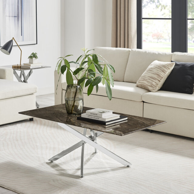 Lenworth Marble Effect Coffee Table - Glass Topped Metal Leg Centre Table