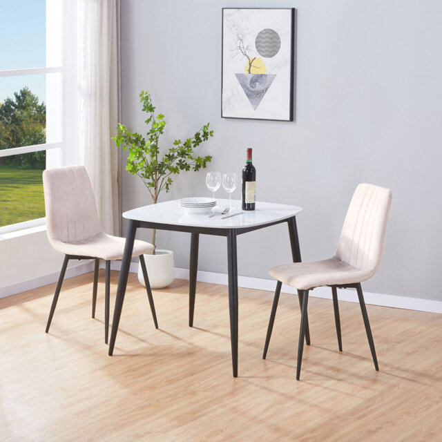 Aspen Sintered Stone Square Table with 2 Straight Stitch Upholstered Fabric Chairs - Modern Dining Set