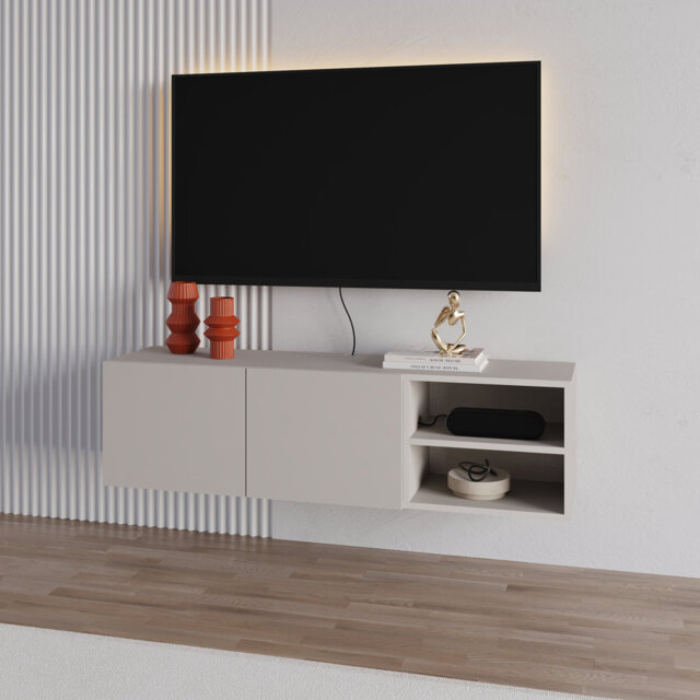 "Floating TV Stand for 50"" TVs with 2 Soft-Close Doors and Open Shelves, 140cm Wide"