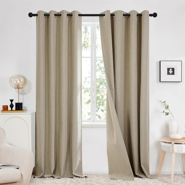 "Blackout Faux Linen Curtains, Double-Sided, Eyelet Curtains for Bedroom & Living Room 2 Panels (66"" x 90"")"