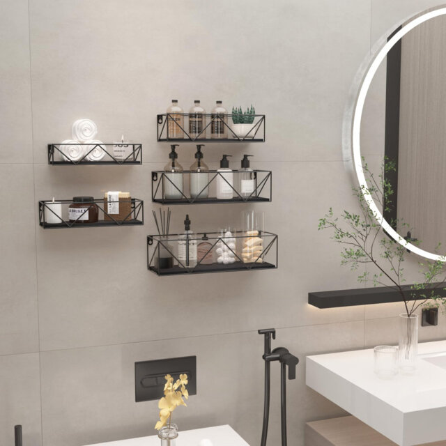 Set of 5 Floating Wooden Wall Shelves with Bars for Bedroom, Kitchen, Bathroom, Living Room.