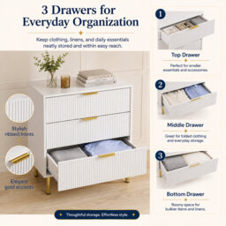 Aizley White Gloss Ribbed Chest of Drawers with Gold Legs & Handles – 3 Drawer Fluted Dresser (71cm Wide)