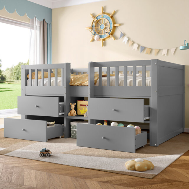 Kids Loft Bed With 4 Drawers & Stair Storage - Twin Over Full Bunk Bed With Safety Rails