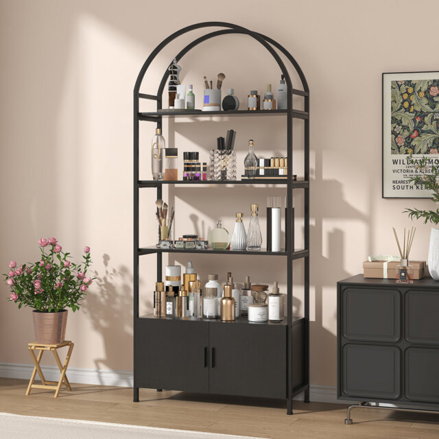 Arched Book Shelf, Bookcase With Doors Storage, 180cm Tall Bookshelf With Sturdy Metal Frame, E1 Quality Boards, Freestanding Display Shelving Unit Li