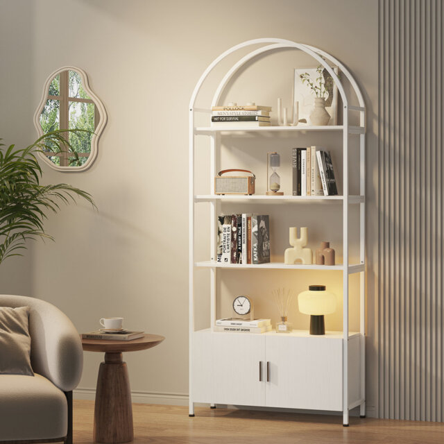 Arched Book Shelf, Bookcase With Doors Storage, 180cm Tall Bookshelf With Sturdy Metal Frame, E1 Quality Boards, Freestanding Display Shelving Unit Li