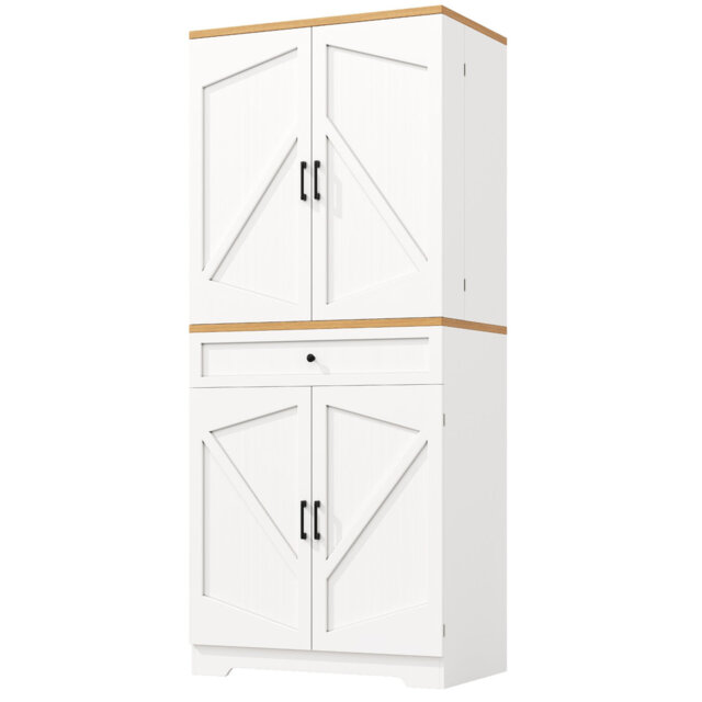 80×40×180cm White Tall Kitchen Sideboard, Multi-Storage Snack Cabinet with Doors & Drawers, Anti-tip Design for Kitchen, Living Room & Dining Room