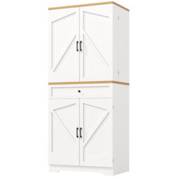 80×40×180cm White Tall Kitchen Sideboard, Multi-Storage Snack Cabinet with Doors & Drawers, Anti-tip Design for Kitchen, Living Room & Dining Room