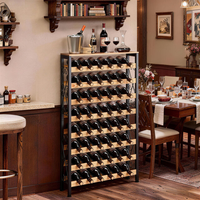 48 Bottle Wine Rack,8-Tier Iron Wine Bottle Holder With Wood Table Top,Freestanding Floor Display Wine Storage Shelves,For Kitchen Pantry, Cellar, Bar