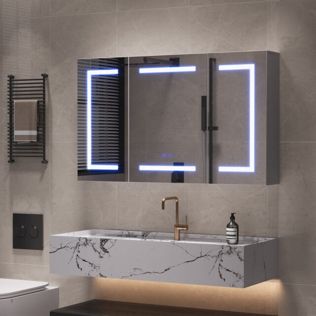 Bathroom Mirror Cabinets With LED Lights, Storage Wall-Mounted Bathroom Vanity With Mirror And 3 Doors, Medicine Cabinet With Anti-Fog And 3 Color Adj