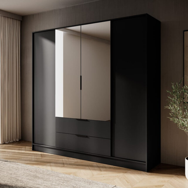 Timeless Elegance: Bonface Hinged Door Wardrobe 206cm with Mirror in Black