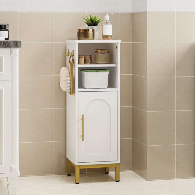 Small Bathroom Storage Cabinet, Freestanding Bathroom Storage Unit with Door and Adjustable Shelf, Narrow Toilet Paper Cabinet with Open Storage Space