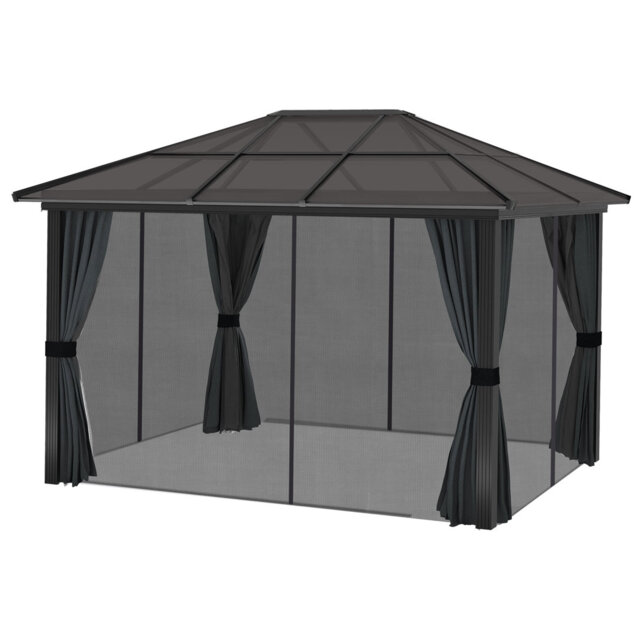 3 X 3.6m Dark Grey Hardtop Gazebo, Polycarbonate Roof Permanent Pavilion, Aluminium Frame Outdoor Canopy With Mosquito Netting & Privacy Curtains For