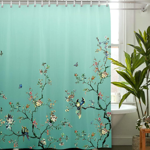 Bird Floral Butterfly Fabric Shower Curtain 90×180cm, Mould Proof Washable Bathroom Curtain with 12 Hooks