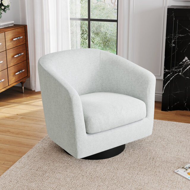 Upholstered Swivel Barrel Chair With Solid Wood Base