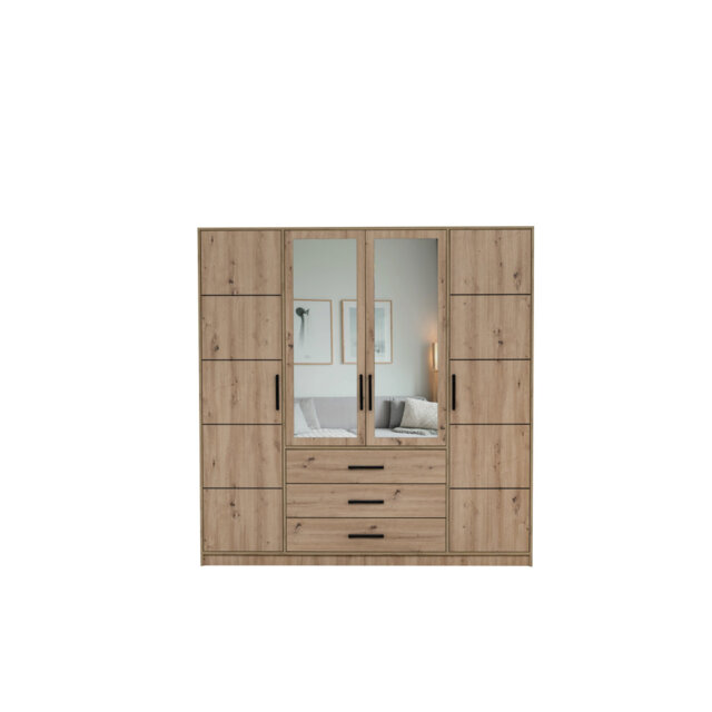 Bojan D4 Oak Artisan & Mirror 4 Door Wardrobe - Spacious Modern Storage with Shelves, Hanging Rail & Drawers
