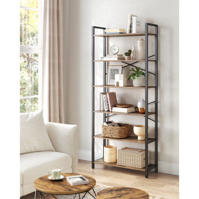 6 Tier Bookcase With Steel Frame, Free Standing Shelf, Living Room, Bedroom, Office, 30 X 80 X 186 Cm, Industrial Design, Black Ink