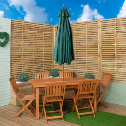 Gillian Outdoor 6 Person Rectangular Wooden Garden Patio Dining Table Chairs With Grey Parasol And Base Set